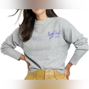 a new day Gray Crewneck Sweater with Blue Script Embroidery